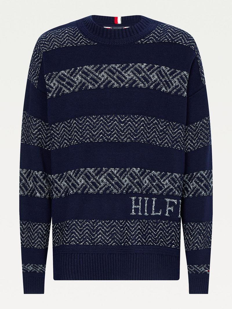 Férfi Tommy Hilfiger Oversized fair isle logo Pulóverek Sötétkék Fehér | HU 953CTV